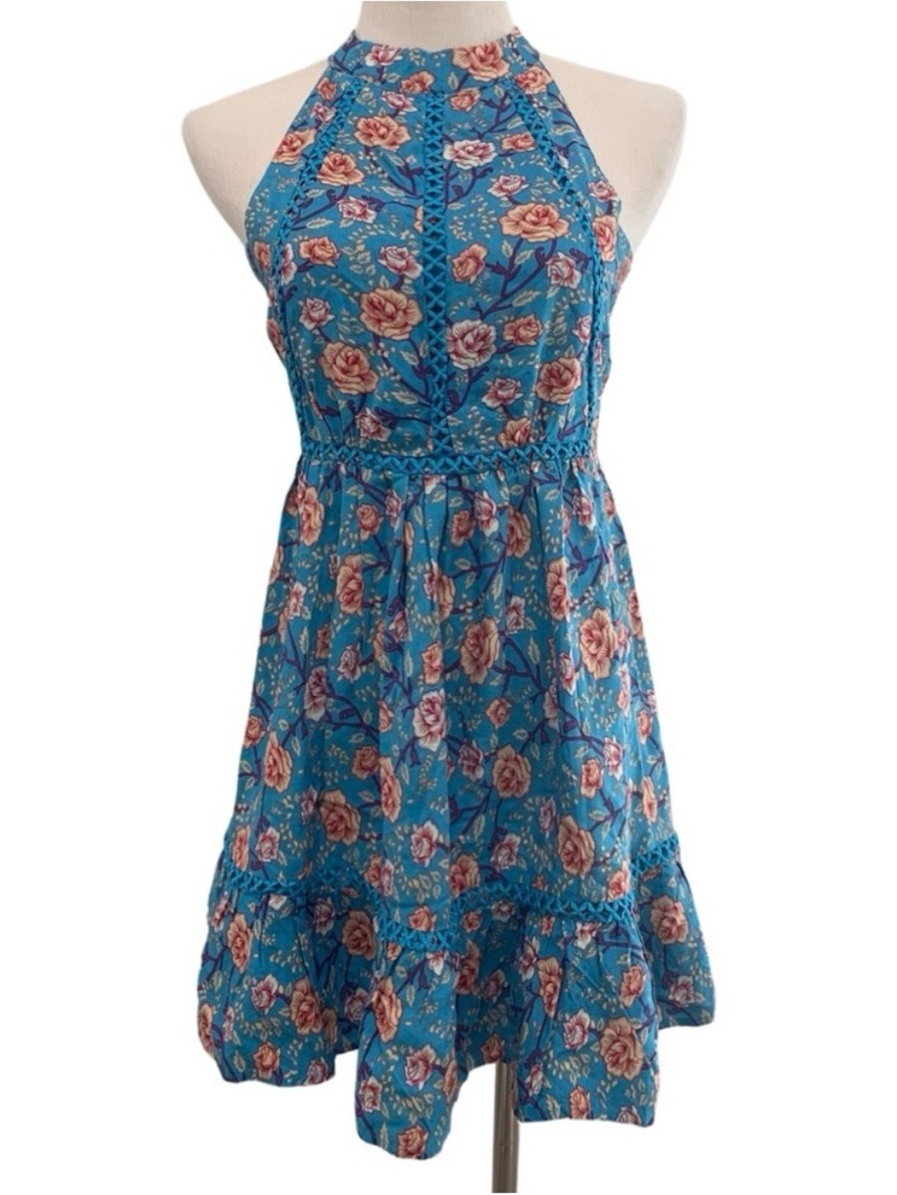 Boutique Boho Summer Sunday Mi Amor Blue Floral Open Back Dress XS Cottagecore